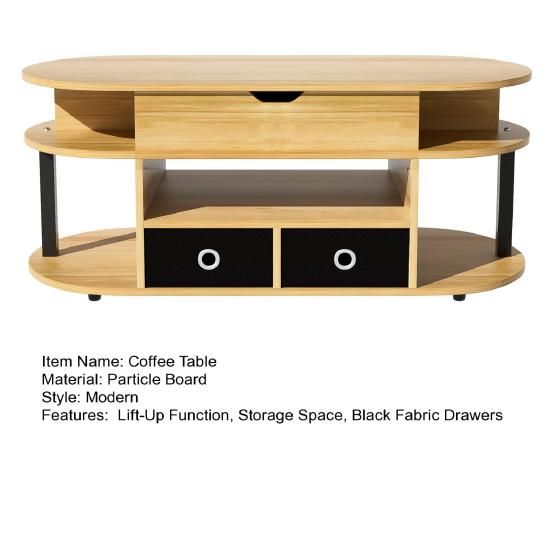 Home Coffee Table Modern Wood-Grain with Lift-Up Function Storage Space and Black Fabric Center Drawers Versatile Stylish Practical for
