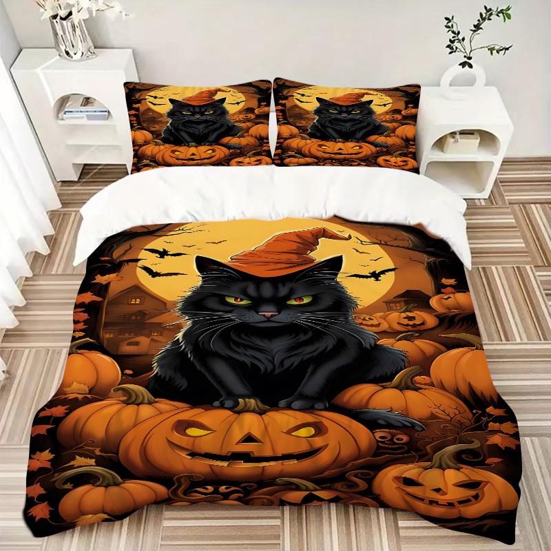 3pcs Cat, Jack-o'-Lantern Duvet Cover Set -Includes 1 Duvet Cover and 2 Pillowcases, No Quilt Core, All-Season Home Decor Yy251111121
