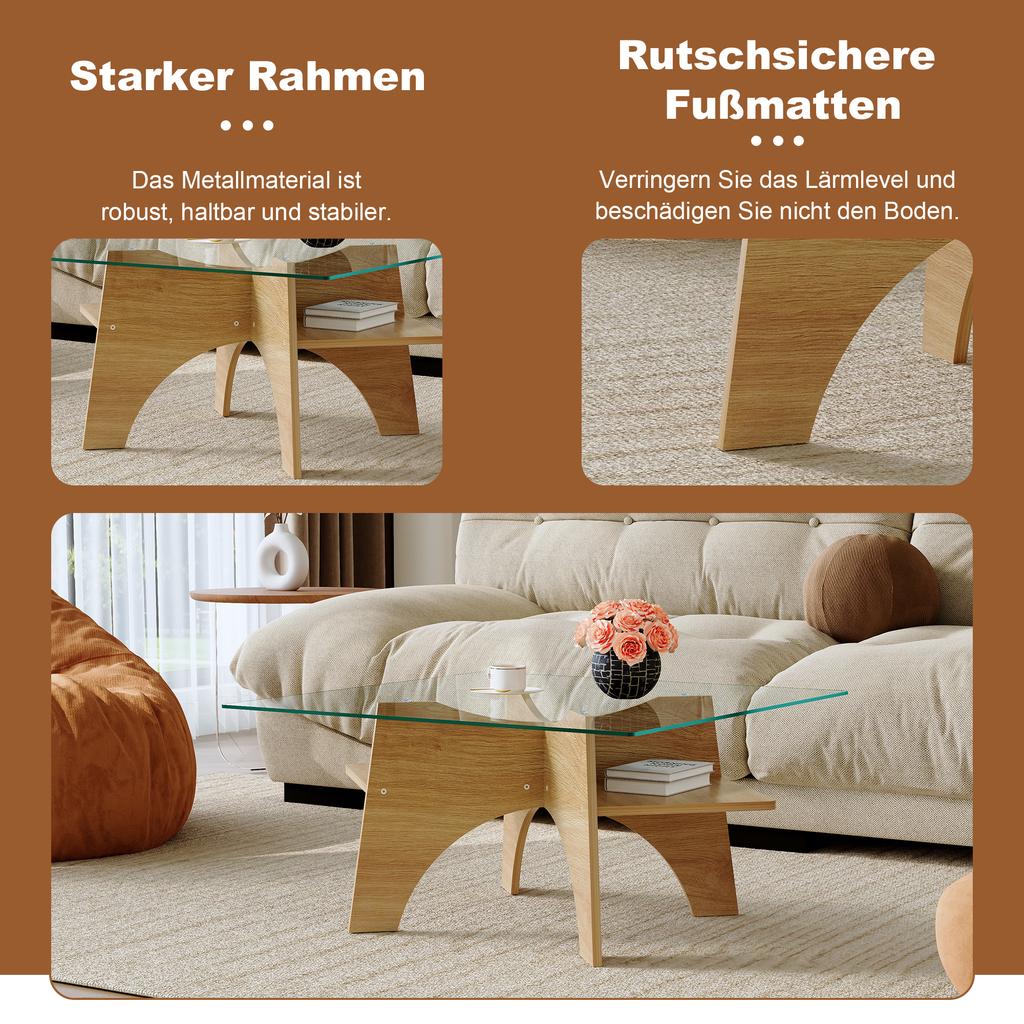 Modern Square Side Table Made of Safety Glass - 80 cm Side Length. Table Legs Made of MDF with Light Wood Veneer. Ideal for Dining Room, Living Room.