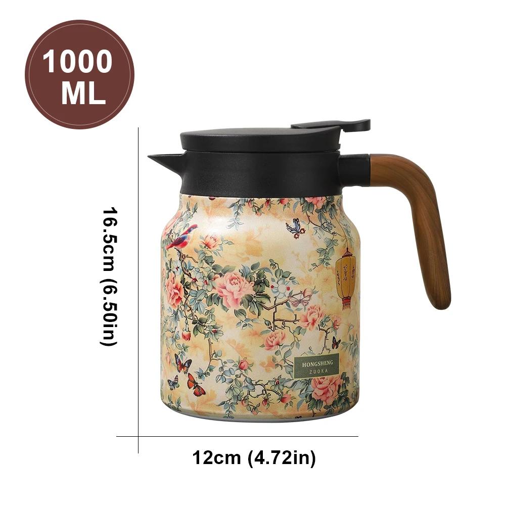 1000ML Double-Layer Vacuum Insulation Tea Pot Floral Pattern Stainless Steel Teapot Built-in Infuser Water Kettle for Hot Drinks