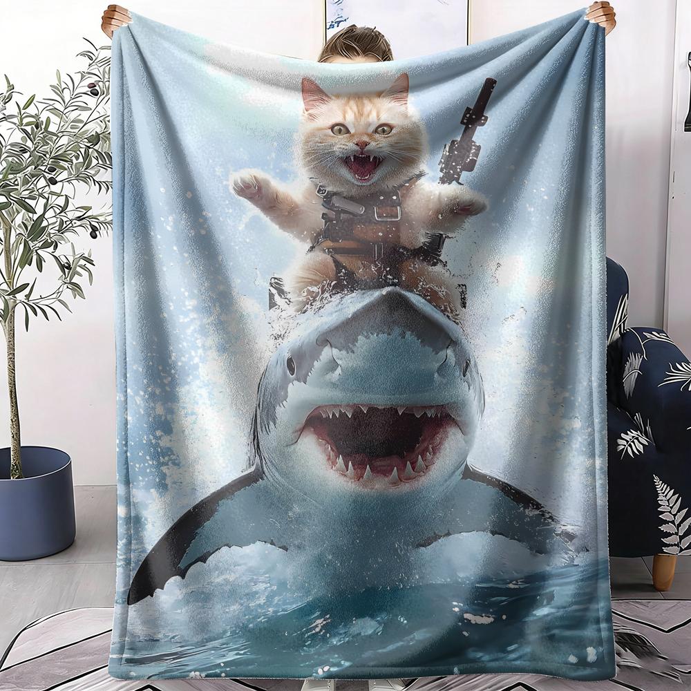 Cat Riding a Shark Throw Soft Flannel AC Blanket Lightweight Summer Nap Throw Cozy  Blanket for Sofa Bed Travel Home