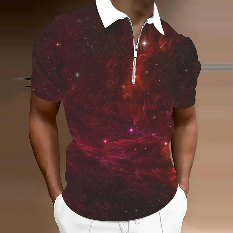 Pánské tričko Polo Ležérní Zip Krátký rukáv Módní Ležérní Zip Léto Jaro Běžný střih 3D Potisk hvězdné oblohy tričko