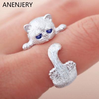 Kat Ring voor Vrouwen Japanse Stijl Schattige Kat Ring Eenvoud Mode Sieraden Cadeaus Blauwe Strass Ogen Ringen