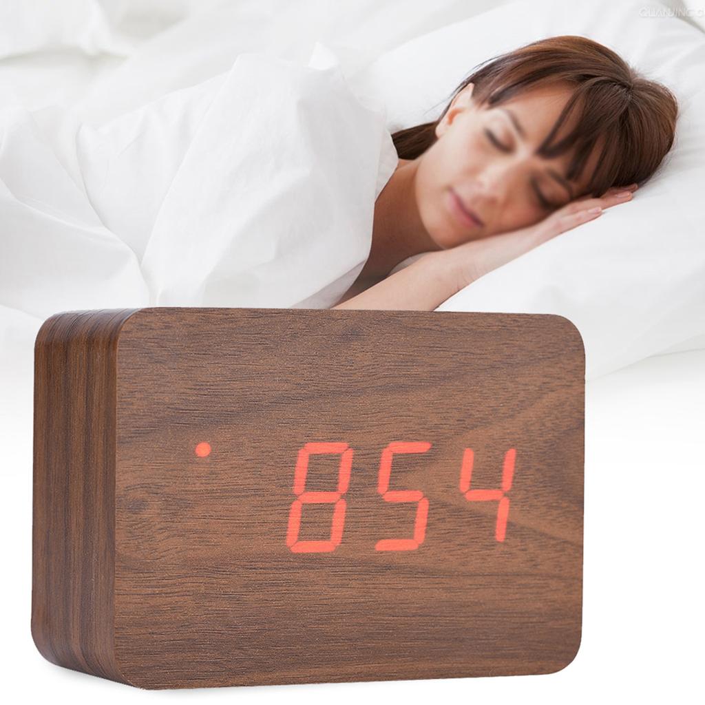 Wooden Electronic Digital Alarm Clock Temperature LED Display Sounds Control Brown