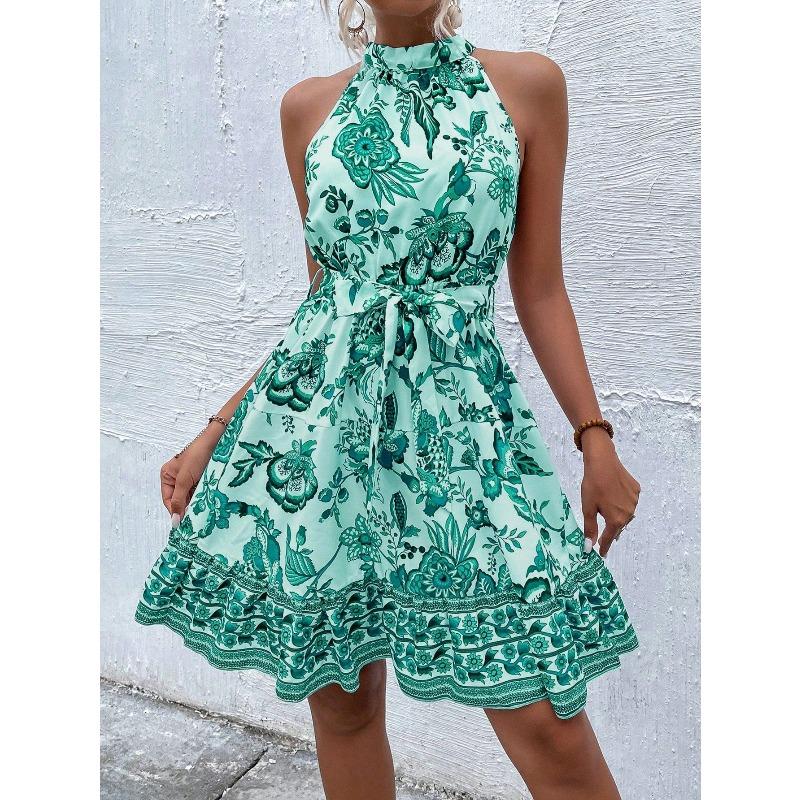 

New, summer floral neck and waist sleeveless printed dress women s clothing XXL
