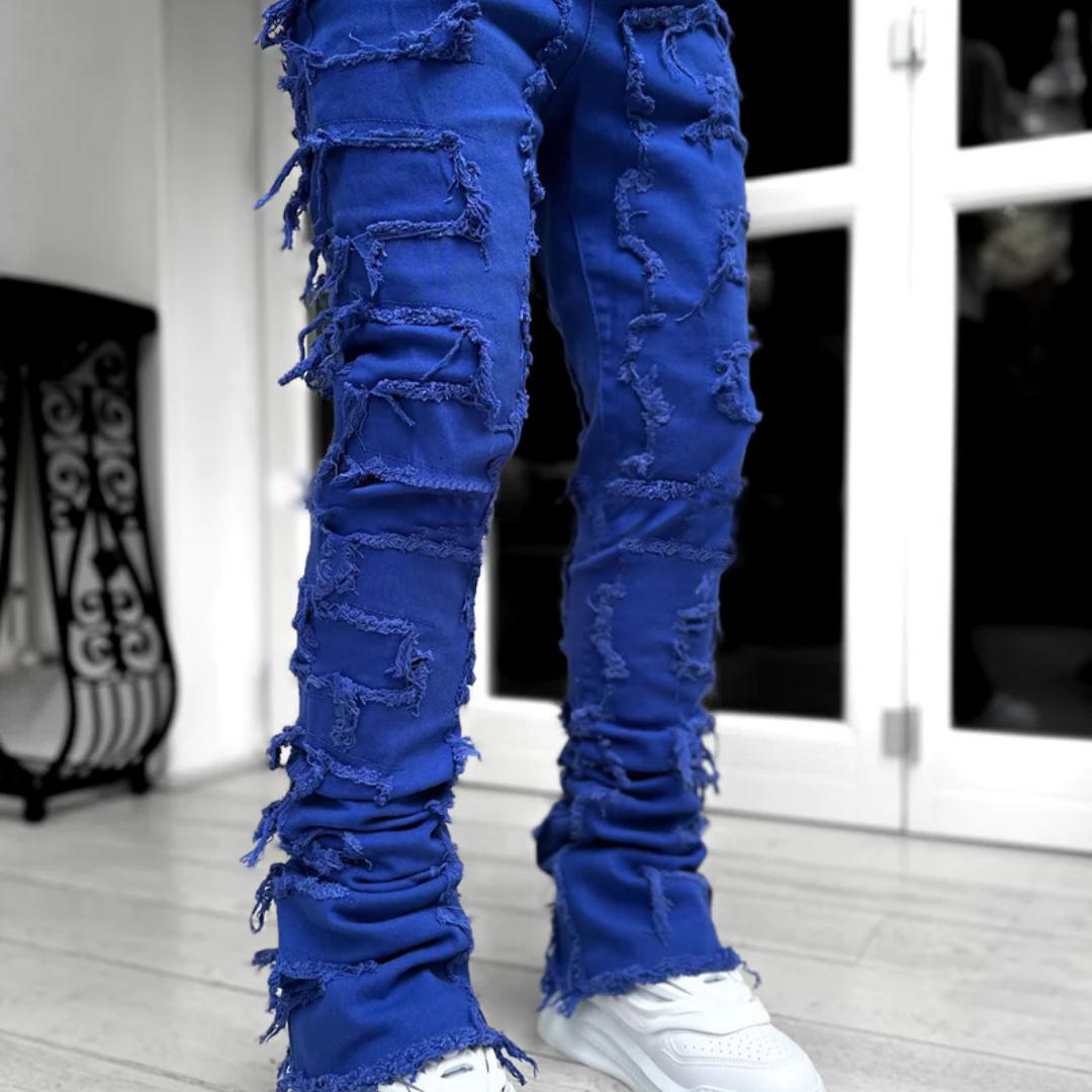 

New Men s Denim Straight Leg Jeans Street Fashion Ins Colorful Stretch Patch Denim Straight Leg Jeans XL синій