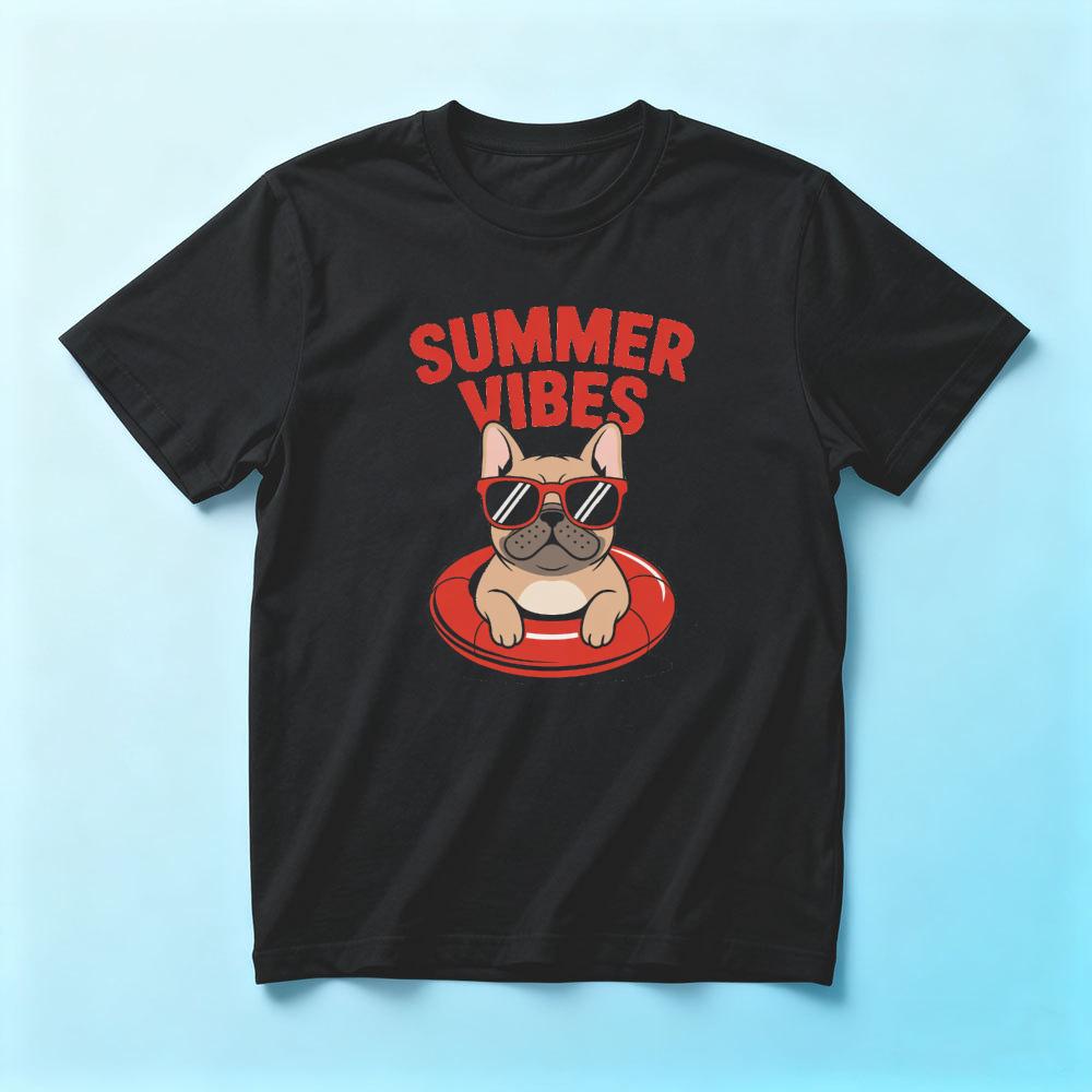 French Bulldog Summer Swim Ring SunglassesunisexT Shirt Summer Vibes Dog Lover Gift Beach Vacation Tee Cartoon Casual Holiday Top