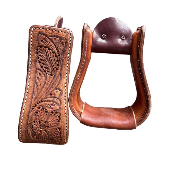 High Quality Horse Western Stirrups Saddle Tack Floral Handmade Tooled Leather Covered Pair