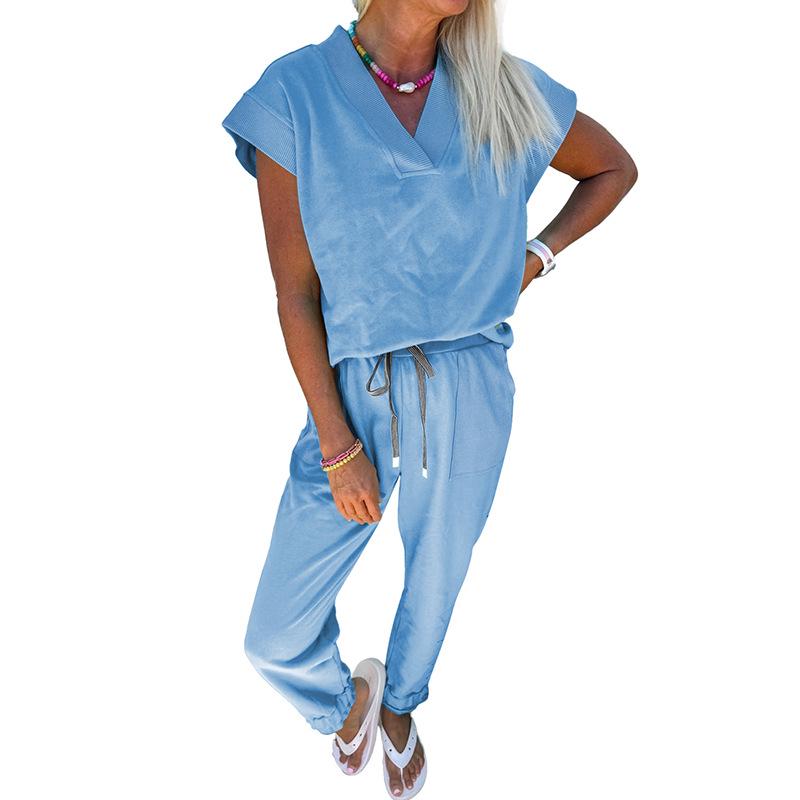 2026 Summer Women's Casual Solid Color V-Neck Short Sleeve Two-Piece Set with Pockets