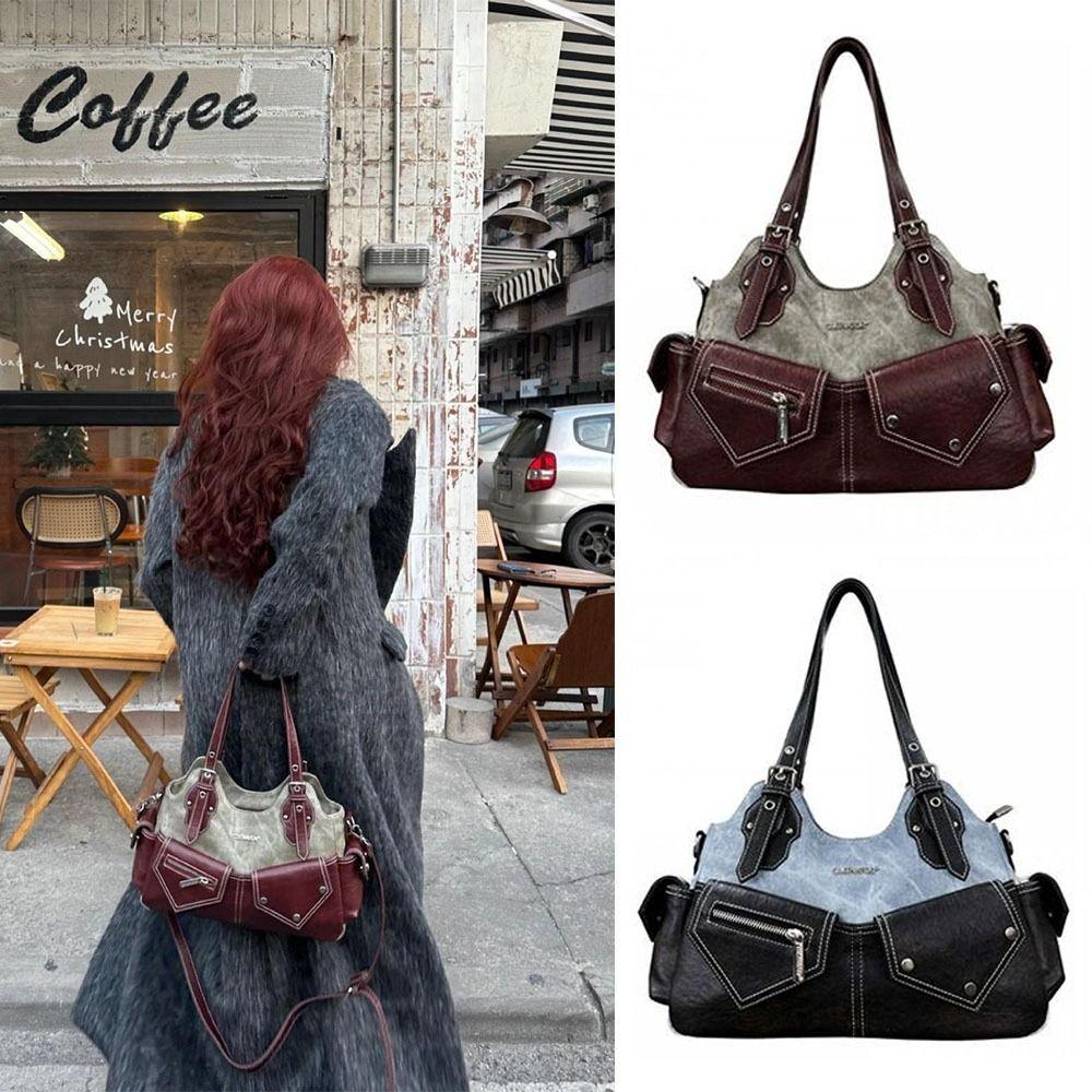 PU Women's Shoulder Bag with Denim Patchwork Armpit Handbag Fashion Crossbody Bag Casual Outing