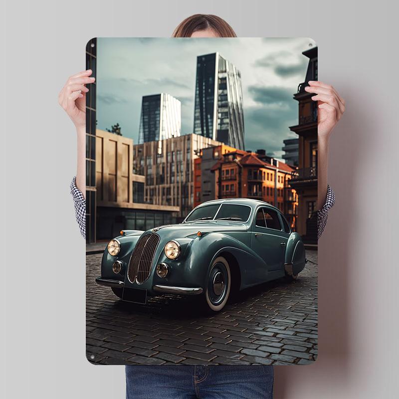 

Vintage Car in Cityscape Tinplate Poster Customized Wall Art Vintage Metal Signs Retro Tin Plaque for Coffee Bar Accessories 7.9x11.8In(20x30cm)