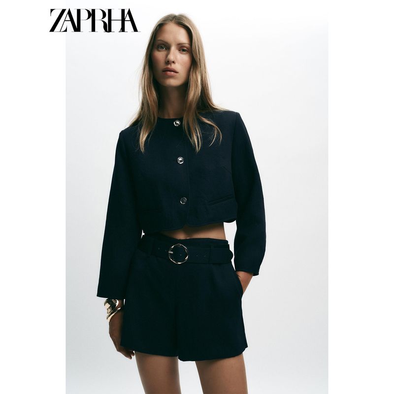 Zaprha 2025 Fall New Arrival Gold Button Strip Padded Shoulder Short round Neck Long Sleeve Suit Coat 8372280