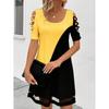Women Short Sleeve Cross Strap Asymmetric Hem Dress Multi Color Block Dress