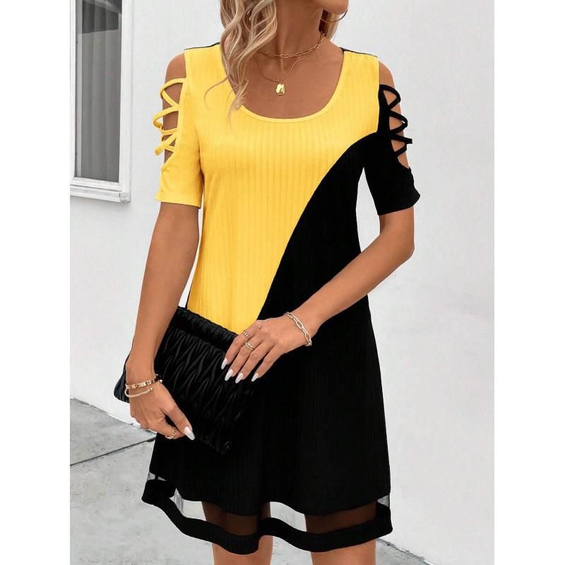 Women Short Sleeve Cross Strap Asymmetric Hem Dress Multi Color Block Dress S