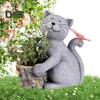 Solar Garden Flowerpot Cat Statue with LED Butterfly Waterproof Planter Pot Kitten Resin Figurine Sculpture Outdoor Porch Yard Lawn Decoration