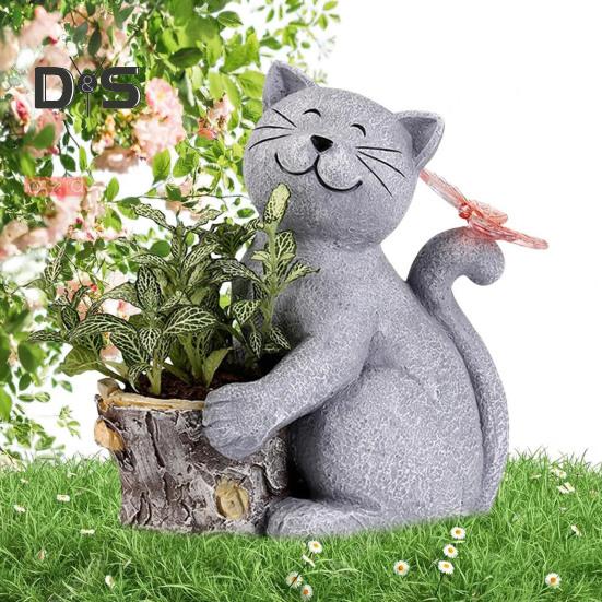 Solar Garden Blomsterpotte Kattestatue med LED-sommerfugl Vanntett Plantekrukke Kattunge Resin Figur Skulptur Utendørs veranda Hage Plendekorasjon