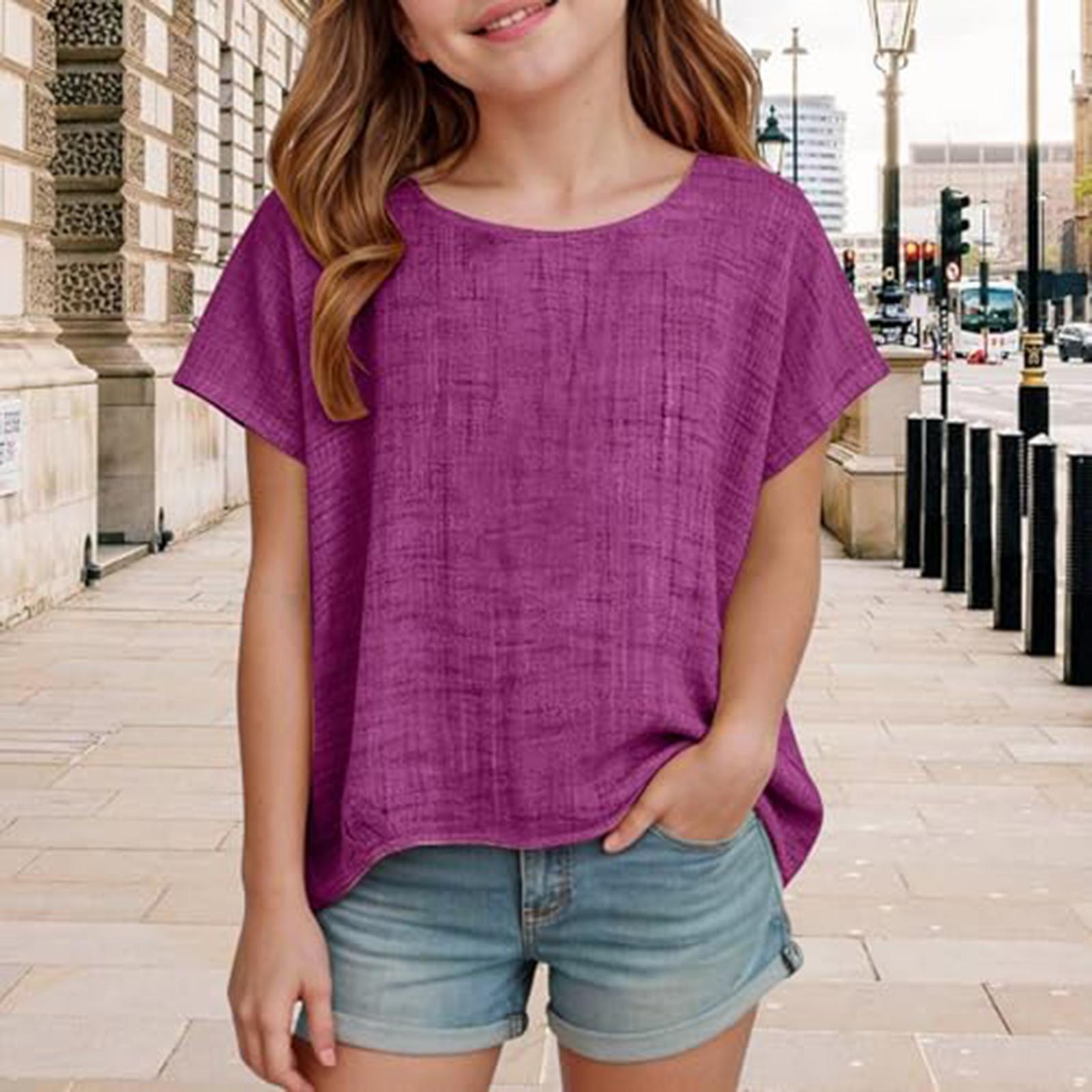

Girls Short Sleeve Loose Fit Blouse Lightweight Breathable Fabric Round Neck Casual Summer Top for Kids Teens 150 фіолетовий