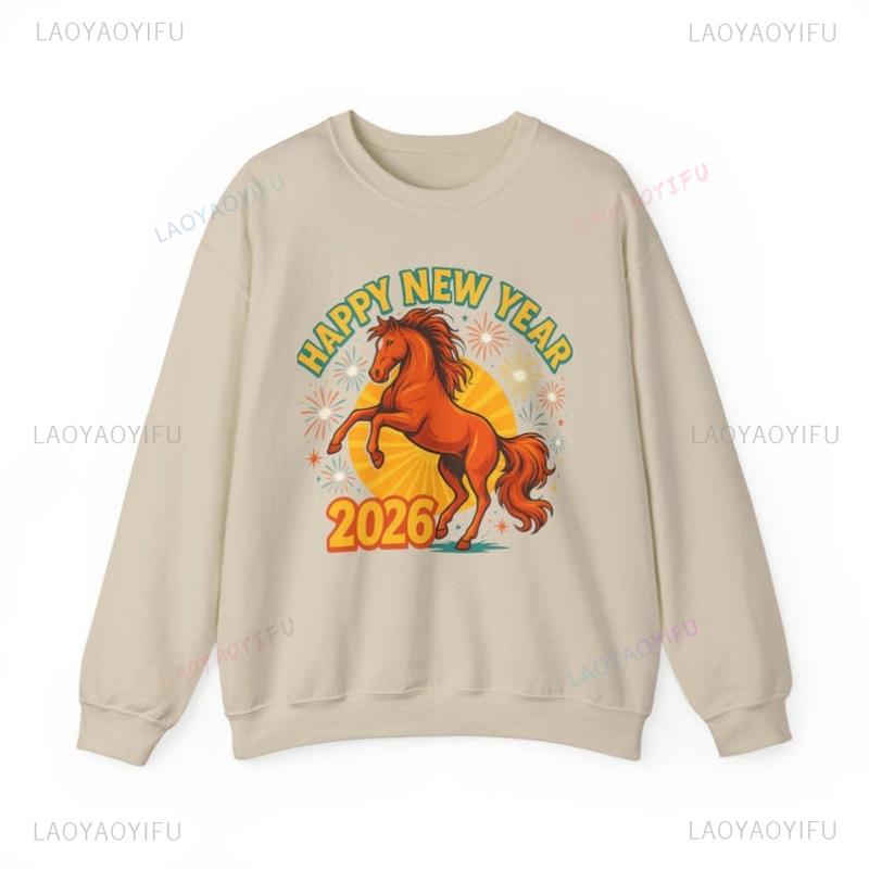 Happy New Year Keep Warm Horse Sweatshirt of The Lunar Gift Holiday Crewneck Matching Hoodies Autumn and Winter Adult Pullover