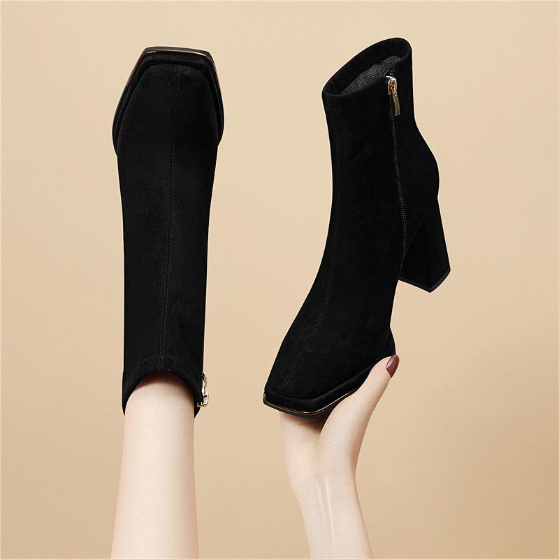 

Fleece high heels casual thickened thick heel new outer wear plush fashion single shoes winter mid boots women s shoes 34 чёрный
