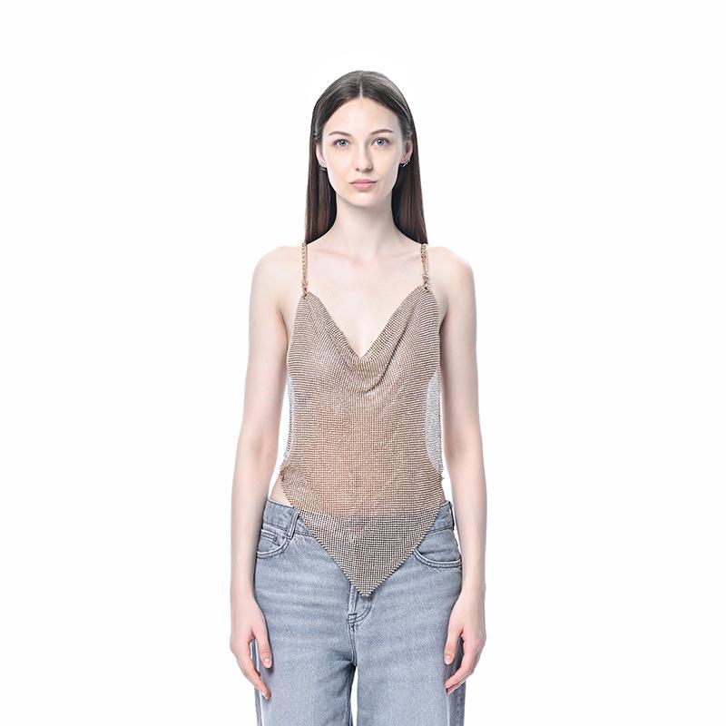 

2024 Summer Rhinestone Metal Low-Cut Camisole for Europe and America One Size золотий
