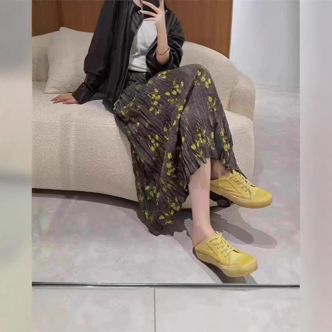 

Korean Floral Pleated Midi Skirt, 2025 Summer High-End Fashion, High Waist Slimming A-Line Skirt for Women Large