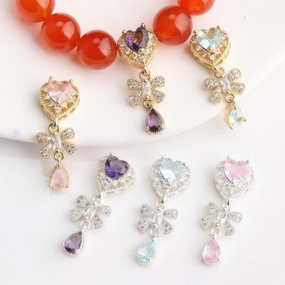 14K Gold Plated Zircon Heart Bow Pendant Beads for DIY Crystal Bracelets