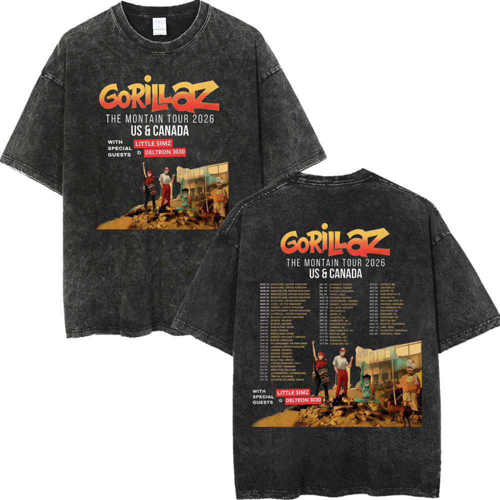 Vintage Washed Gorillaz The Mountain Tour Tshirts Men Women Casual Fashion Tshirt High Quality Cotton Oversized T Shirt