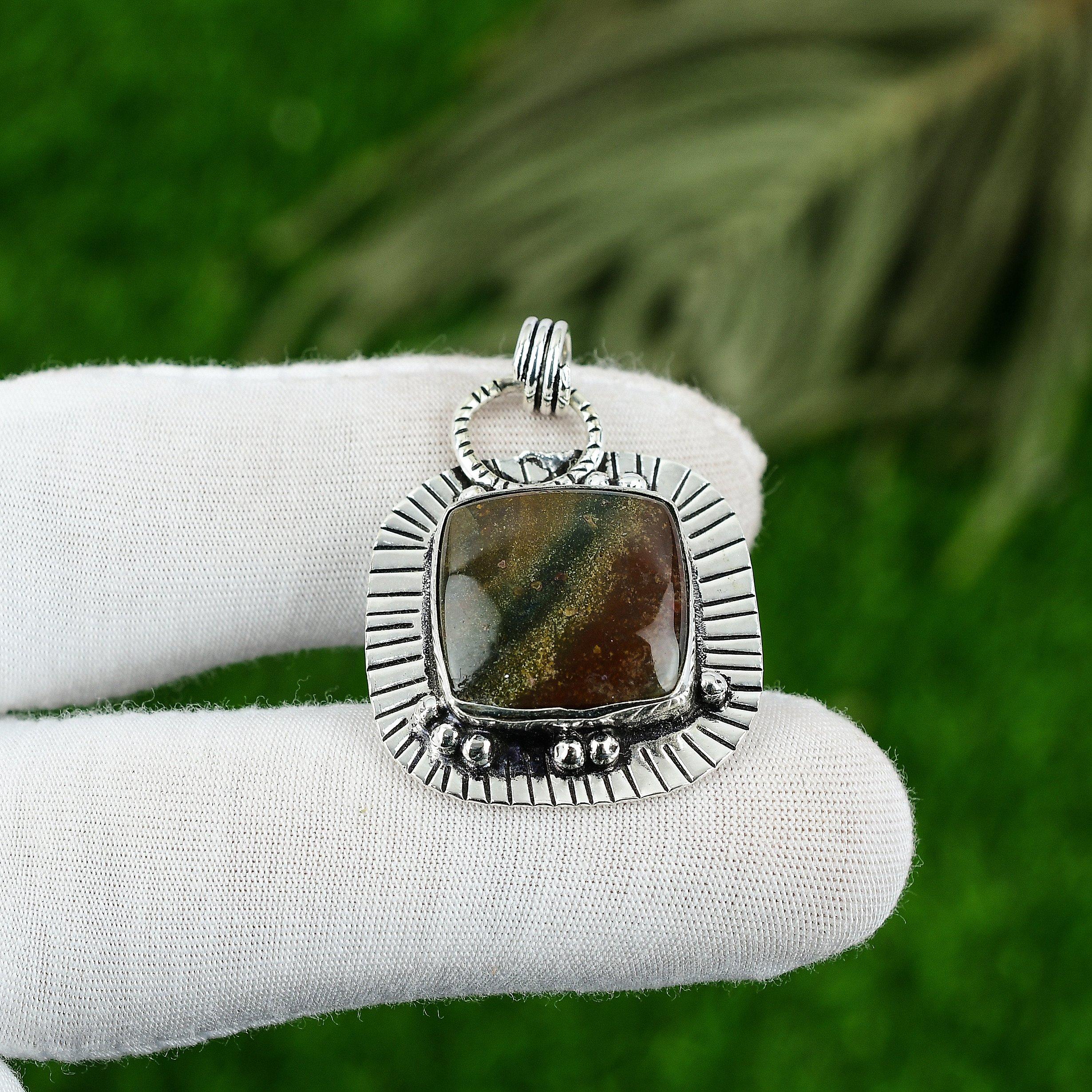 925 Silver Cushion Bloodstone Gemstone Anniversary Art Deco Bezel Mother Pendant