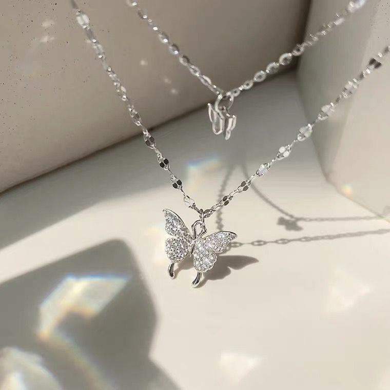 Double-Layer Butterfly Rhinestone Necklace - Women's Individual Clavicle Chain Jewelry