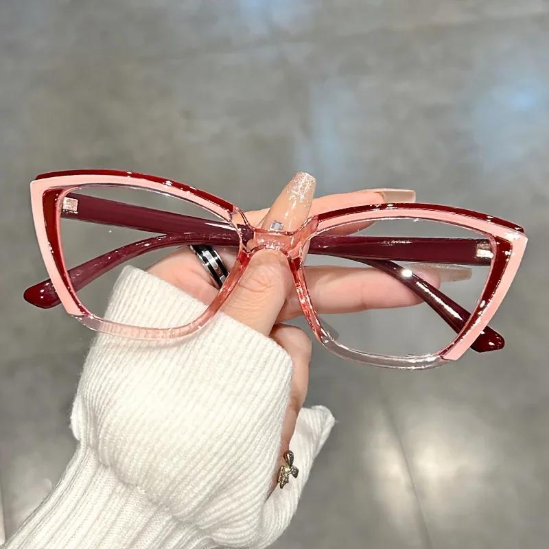 Fashion Cat Eye Glasses Transparent Retro Color Block Splicing Decorative Eyewear for Women Computer Use
