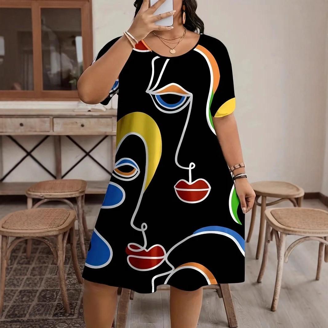 

Summer Plus Size 5XL Funny Graphic Print Black Dress Women Fashion Casual Oversized O Neck Short Sleeve Black A Line Elegant Beach Party Mini Dresses 1XL чёрный