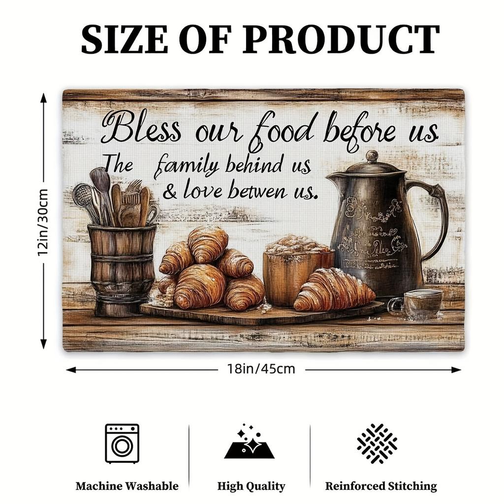 4 Stück "Bless Our Food" Leinen-Tischsets - 12x18 Zoll, Rustikales Holzdesign mit Kaffeekanne, Croissants & Besteck, Perfekt für Familientreffen & Gemütlichkeit