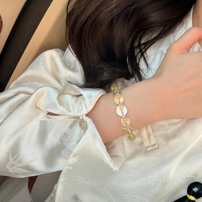 Handmade Natural Citrine Clear Quartz Beaded Bracelet Women Fresh Style Single Circle Design