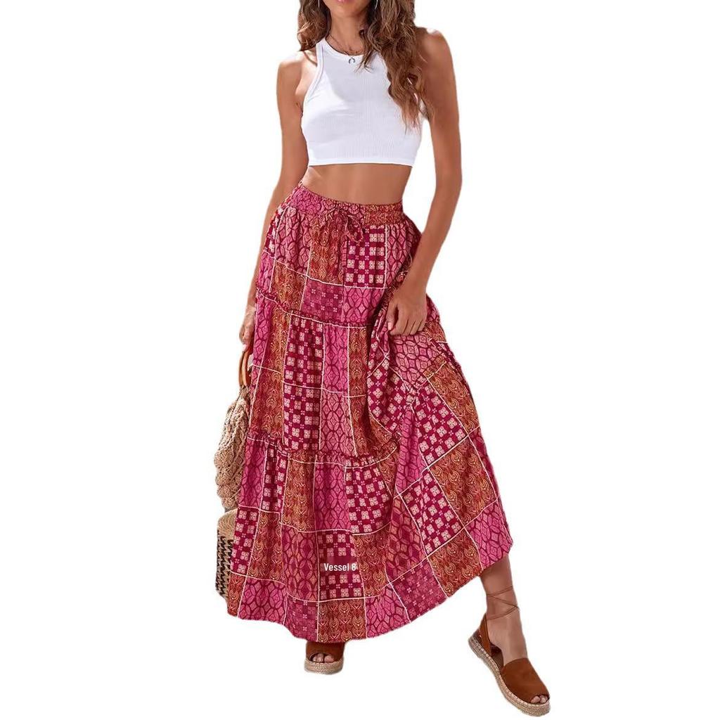 Women's Ethnic Printed Bohemian Summer Long Skirt with Wide Hem