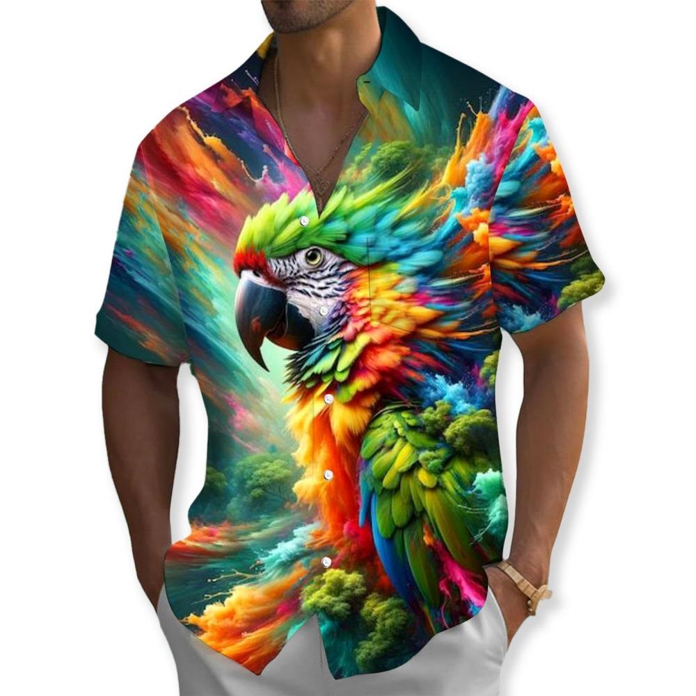 2025 New Men's Shirt 3d Fashion Casual Parrot Bird Print Hawaiian Lapel Button Shirt Short Sleeve Top Homme Harajuku Ropa Hombre