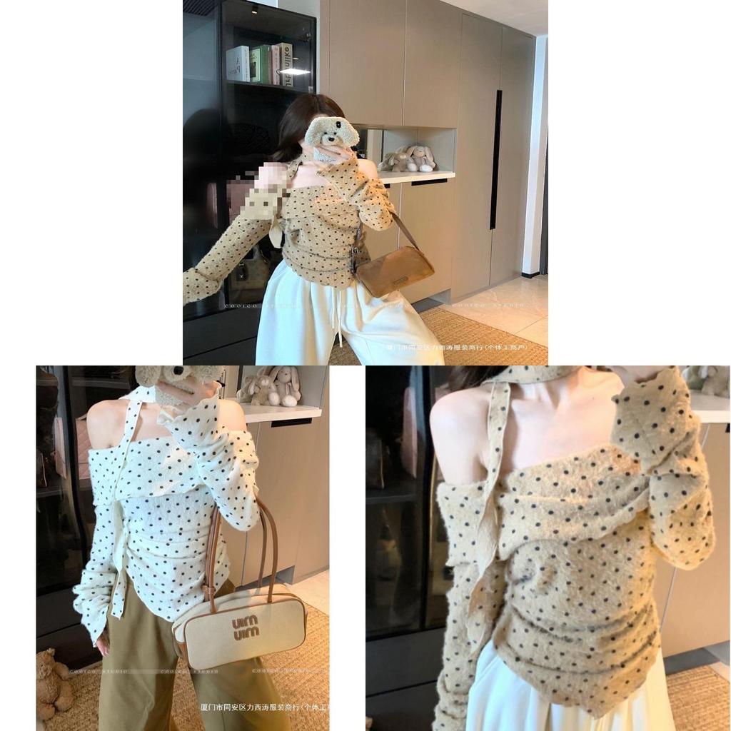 Oversized Dot Print T Shirt With Oneshoulder Neckline And Embroidery For Women Spring