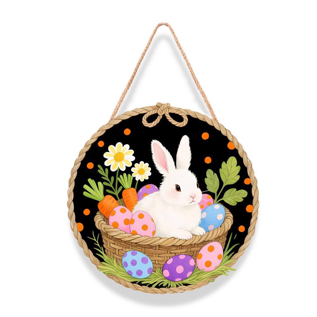 Easter Wooden Round Doorplate Rabbit Egg Decoration