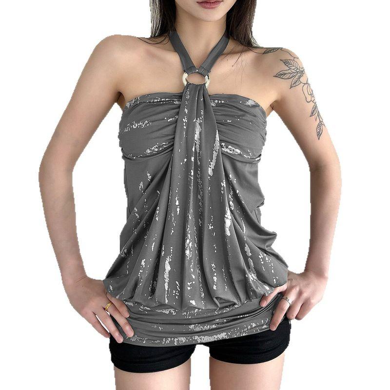 Y2K Retro Fashion Personality Metal Ring Tie Halter Neck Tube Top Street Style Silver Foil Shimmer Trendy Sexy Top