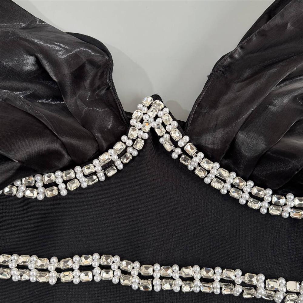 European & American Handmade Rhinestone V-Neck Bandage Patchwork Party Gown