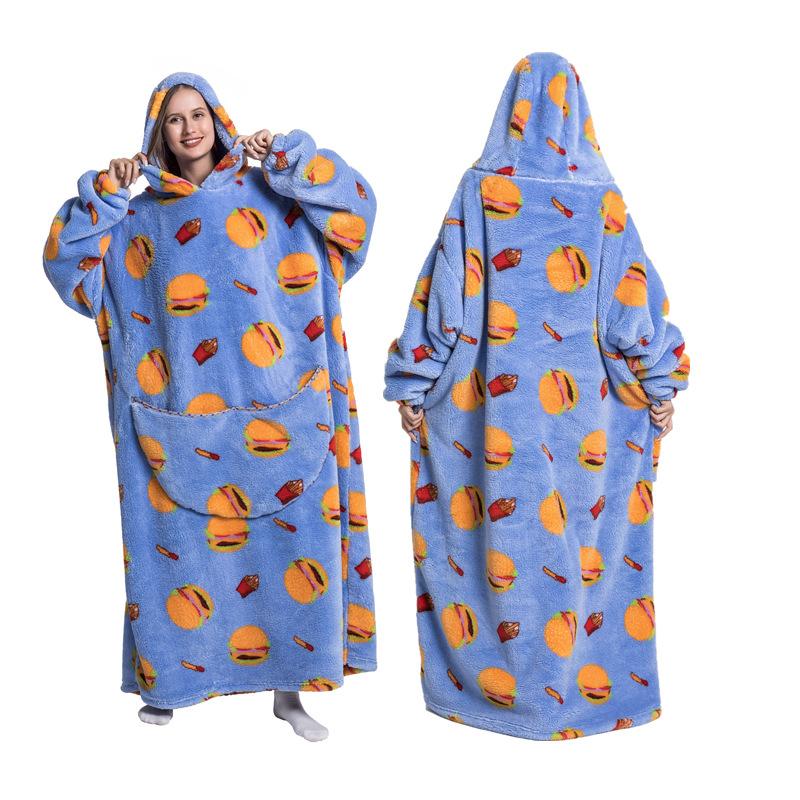 Zimní zateplený fleecový župan s kapucí pro ženy 140 cm oversized deka s rukávy Fleece zateplené mikiny Mikiny Obří TV deka Dámský župan s kapucí