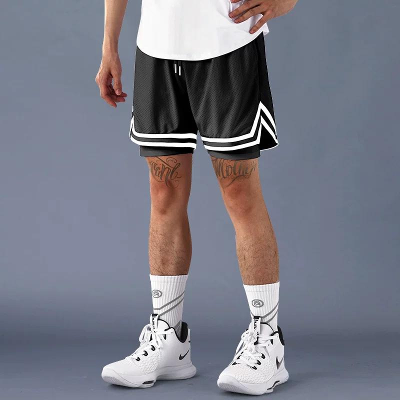 American Basketball Shorts Men s Fake Two-Piece Training Sports Running Ice Silk Quick-Drying below the Knee Workout Cropped Pants Summer L чёрный