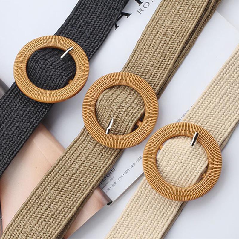 Cinturones Trenzados Redondos con Hebilla Estilo Boho Caqui Elásticos Anchos Cinturilla Casual para Vestidos Para Mujeres Uso Diario