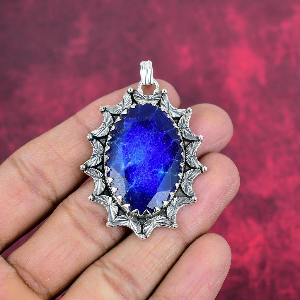 Blå safir anheng, håndlaget edelstens anheng, 925 solid sterling sølv anheng Antikke smykker, for forlovelsesgave