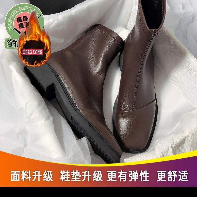 2025 autumn and winter new flat-bottomed square-headed thick-heeled elastic boots simple and versatile fashion French thin short boots women