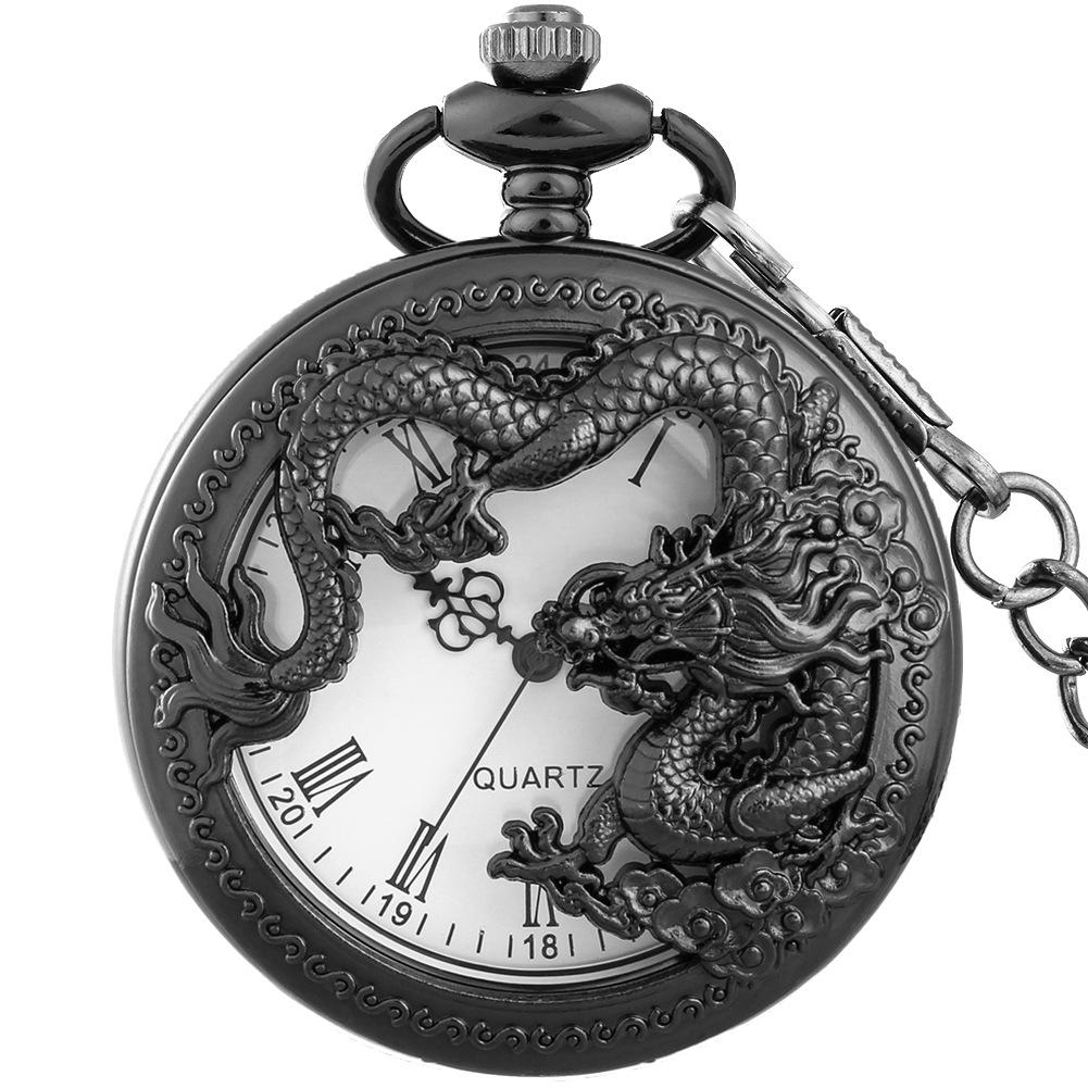 Antique Chinese Zodiac Dragon Vintage Quartz Pocket Watch with Chain, Retro Flip Cover Hollow Pendant Christmas Gift