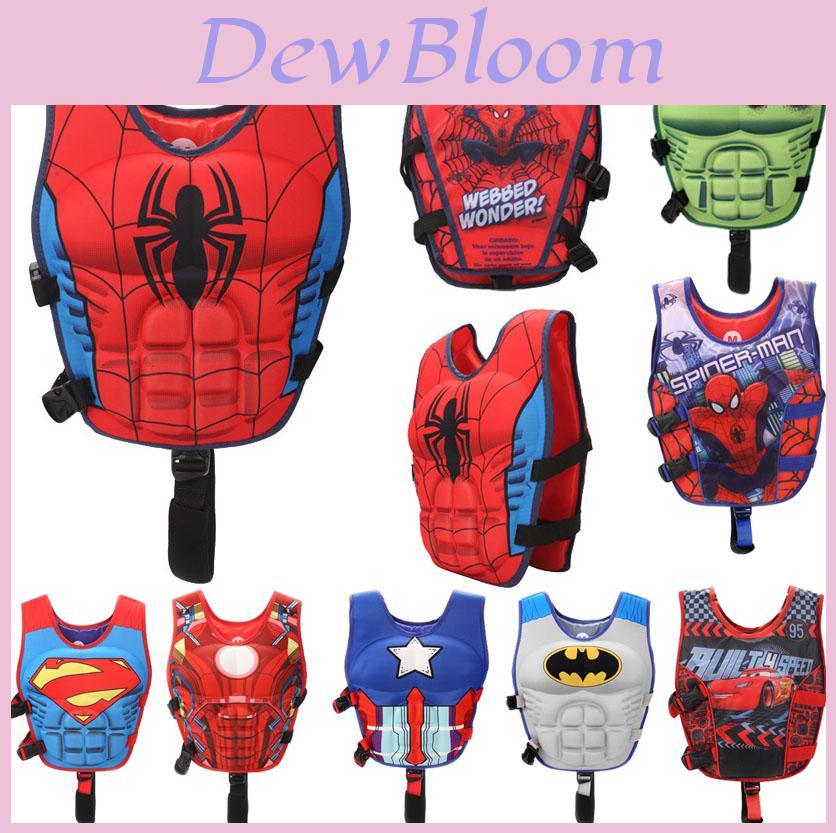 Bright Color Superhero Pattern Kids Life Jacket With Adjustable Waist For Safe Swimming