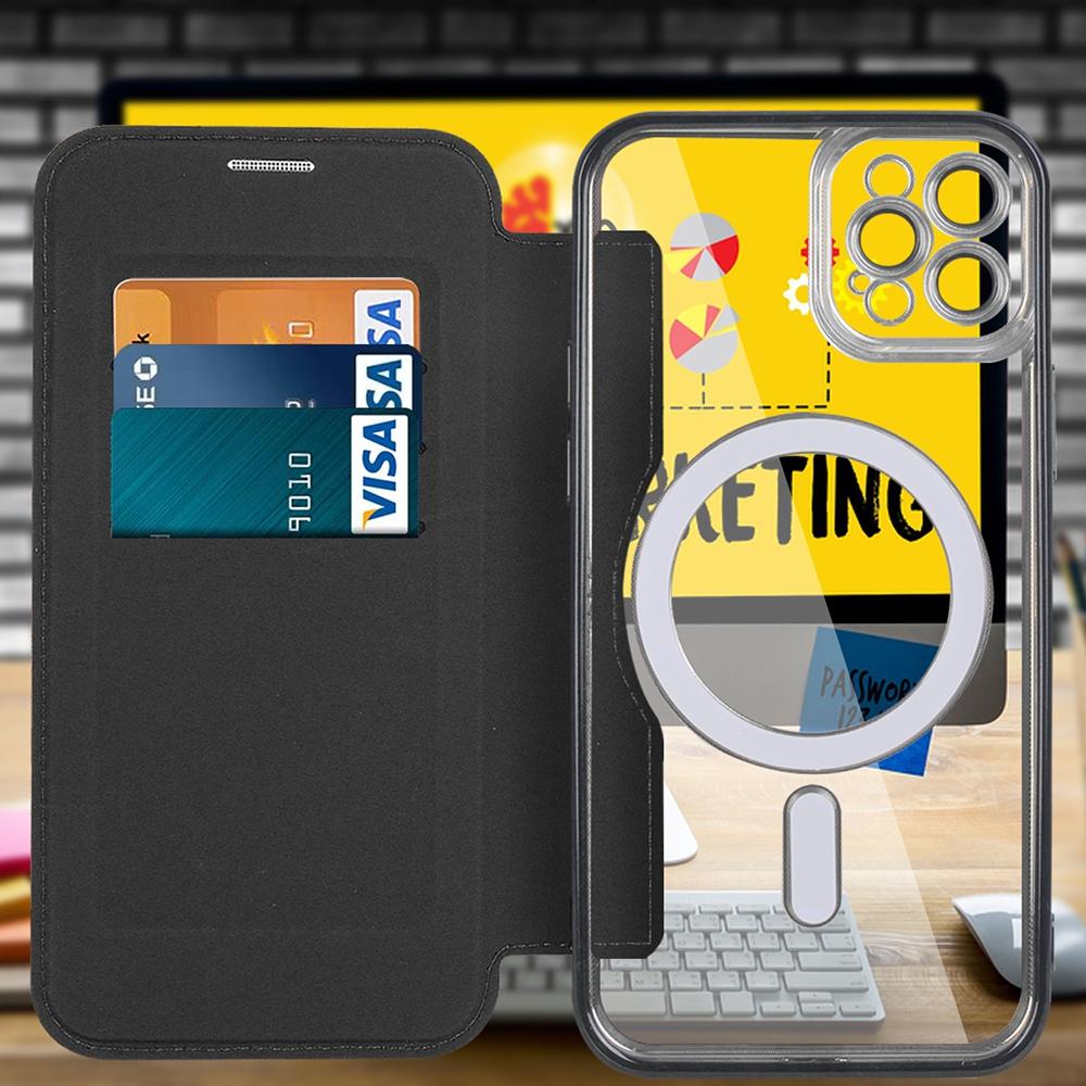 For iPhone 11 Pro Max 6.5 inch Compatible with MagSafe RFID Blocking Card Slots PU Leather+TPU Electroplating Clear Back Flip Case with Lens Film