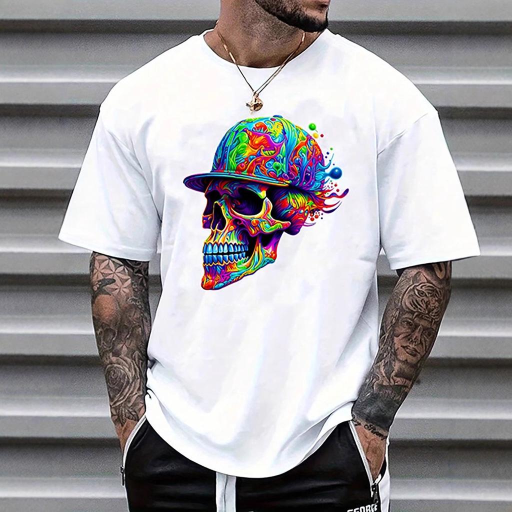 Men's Casual Skeleton Round Neck T-shirt for Men and Women's Hip-hop Short-sleeved T-shirt for Pure Cotton T-shirt for Street