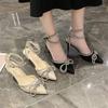 Rhinestone bag head sandals girl spring 2025 new fairy style pointed head bow thin heel bright diamond strap high heels