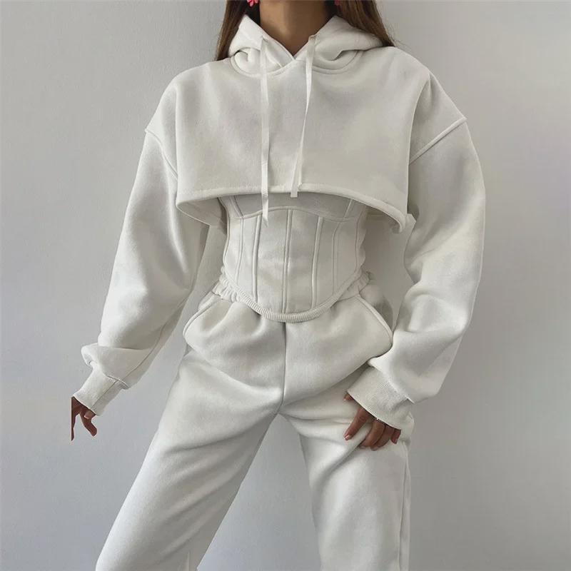 2024 Autumn/Winter Women's Three-Piece Set: Hooded Sweatshirt, Blouse with Suspenders, & Waist Trousers, European & American Style